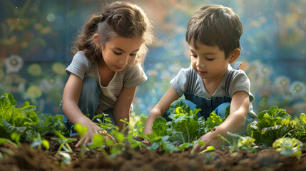 Photo realistic depiction of children planting a community garden in high resolution   a tribute to green initiatives and local ecosystems preservation.