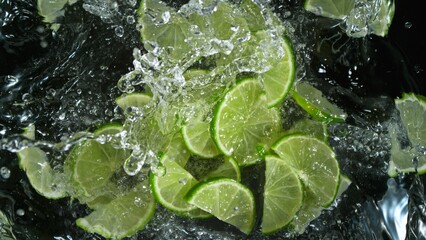 Fresh limes pieces falling into water, top down view