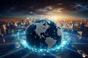 Fototapeta premium A conceptual image of Earth with artificial intelligence network overlays showcasing global digital transformation 