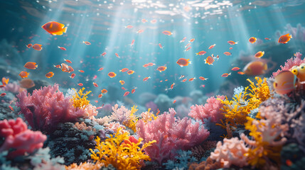 Photo Realistic Coral Reef Bleaching Concept: High Resolution Image of Bleached Coral Reefs with Colorful Fish Against Glossy Backdrop, Highlighting Effects of High Carbon Emission