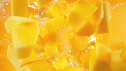 Fresh mango pieces falling into water, top down view