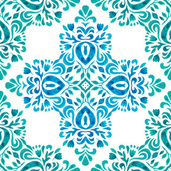 Damask flourish vignette watercolor. Gorgeous seamless Mediterranean tile background seamless pattern ceramic design