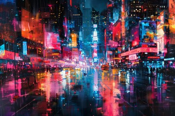 Naklejka premium A city street with neon lights and cars driving by generated by AI