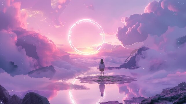 A girl standing on a mountain top overlooking a pink sky with a glowing halo