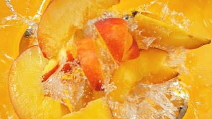 Fresh nectarine pieces falling into water, top down view