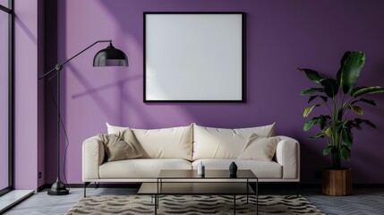 A living room with a white couch and a black plant