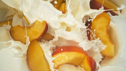 Fresh nectarines pieces falling into cream, top down view
