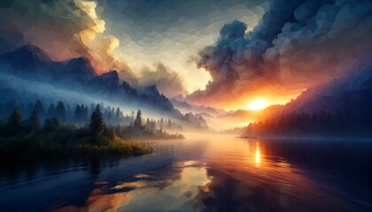 Fototapeta premium Sunset Over Tranquil Lake