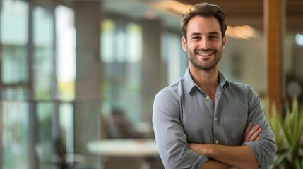 Naklejka premium Confident Business Success: Cheerful Businessman in a Contemporary Office