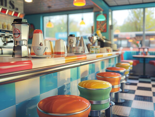 A colorful Diner restaurant with a retro feel