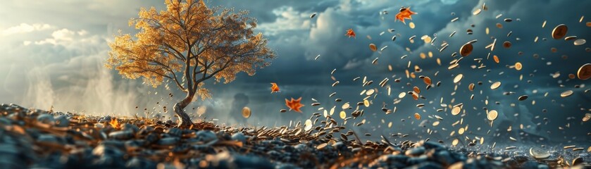 A leafless tree falling over with missing coins around, financial decline concept, highresolution, crisp and dramatic, professional image.