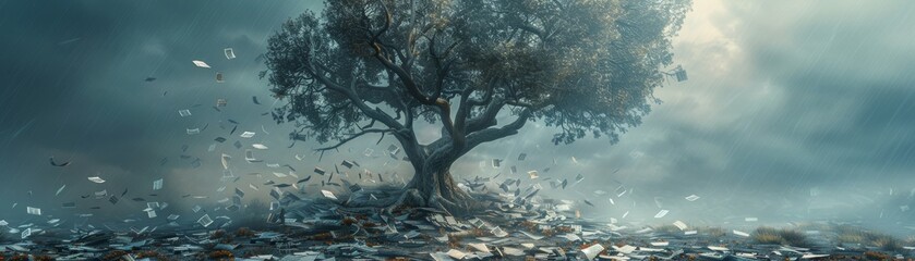 A withered tree in an abandoned garden with discarded financial documents, symbolizing economic decay, highresolution, detailed and bleak, sharp and professional stock photo.