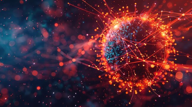 Virus particles infecting a computer system, Glowing Wireframe, SciFi Style, Dark Background, Illustration, Highlighting cyber infections