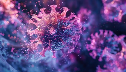 Virus particles swirling in a psychedelic pattern, Psychedelic, Bright Neon Colors, Digital Art, Depicting unseen threats