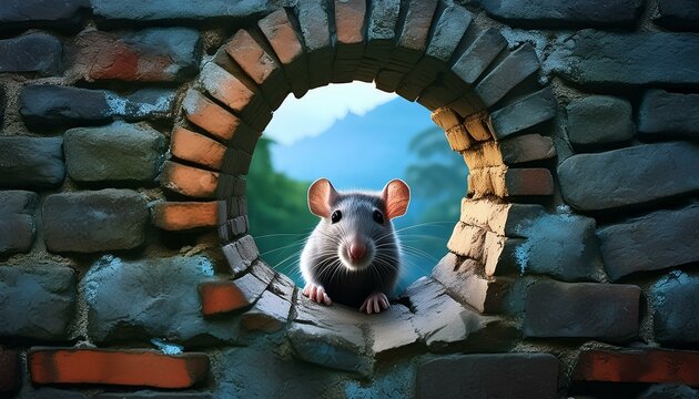 Petit rat dans un orifice d'un mur en briques