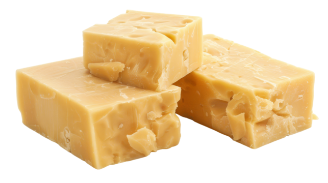 Three different pieces of cheese stacked on top of each other, showcasing different textures and colors