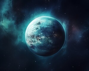 Obraz premium A stunning image of a vibrant blue-green planet against the backdrop of deep space, with nebulae and stars creating a mesmerizing cosmic scene.