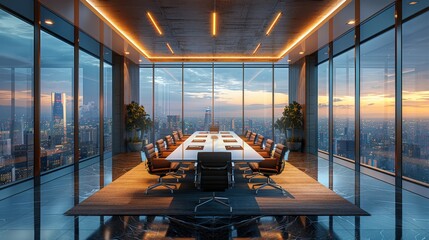 A boardroom with sleek design and panoramic city views. AI generate illustration