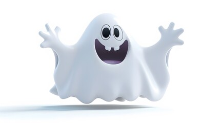 A 3D cartoon ghost with a friendly expression floating for Halloween holiday