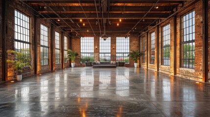 A modern industrial warehouse with exposed brick walls. AI generate illustration
