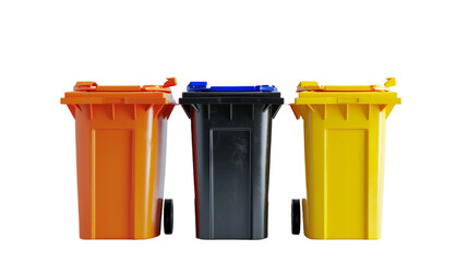 Three distinctively colored trash cans, standing side by side, against a clean white background