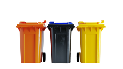 Three distinctively colored trash cans, standing side by side, against a clean white background