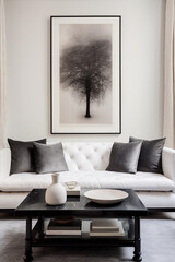 A stylish living room featuring a charcoal gray sofa, a glossy white coffee table, and a blank white frame in the background