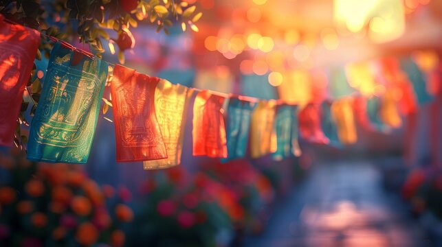 Colorful Buddhist Prayer Flags Hanging in Garden at Sunset with Warm Lighting
