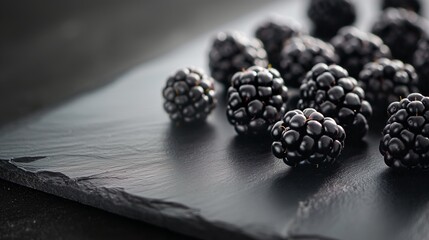 An artistic arrangement of blackberries on a dark slate plate, with a spotlight accentuating the...