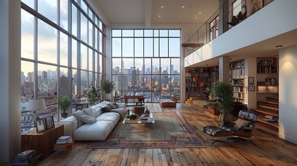 A modern loft apartment with floor-to-ceiling windows. AI generate illustration