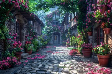 Charming Cobblestone Alley with Colorful Flower Pots and Ivy in Spring.
