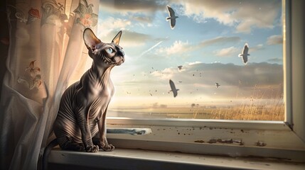 A curious Sphynx cat with wrinkled skin and large ears, perched on a windowsill, gazing intently at a flock of birds flying past the window.