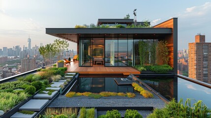 A rooftop garden with lush greenery and panoramic city views. AI generate illustration
