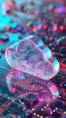 3D model of a cloud sync icon with a multicolored digital backdrop