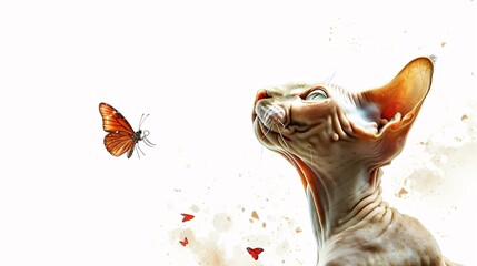 A curious Sphynx cat with wrinkled skin and large ears, tilting its head inquisitively at a bright red butterfly fluttering past on a white background.