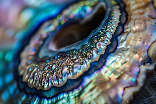 Closeup of an abalone shell, showcasing its iridescent colors and intricate patterns. The focus is on the vibrant blues, greens, purples, and black hues inside the shell's delicate texture