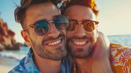Happy gay couple in sunglasses embracing and smiling at camera on summer beach, close up portrait of young men with fresh smile against sunny sky. Love concept. Lgbtq festival celebration. Man is - Powered by Adobe