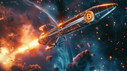 A rocket with the bitcoin logo soaring through space, in the cyberpunk style, hyper realistic, cinematic lighting, bokeh effect, high resolution photography.