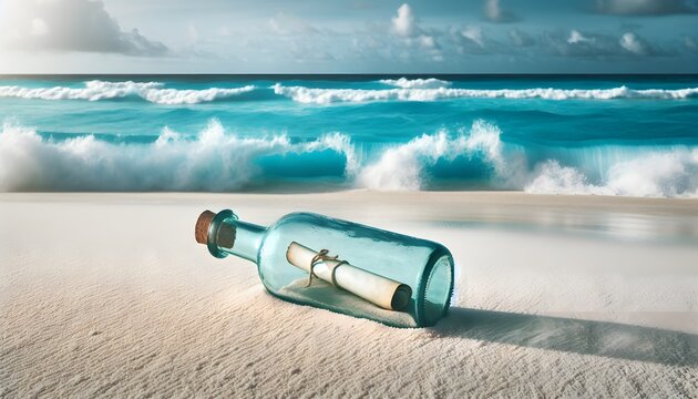 A weathered glass bottle with a rolled-up message inside rests on a pristine white sand beach with turquoise waves crashing in the background
