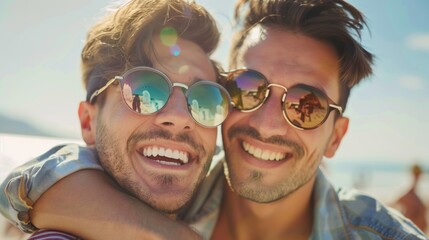Happy gay couple wearing sunglasses and smiling at the camera, close up portrait of two young men in love hugging on the beach at a festival, with a sunny background - Powered by Adobe