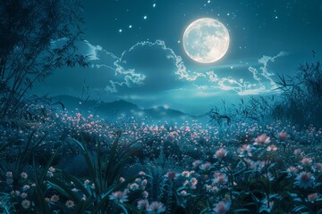 Serene Moonlit Garden with Enchanting Night Flowers Wallpaper.
