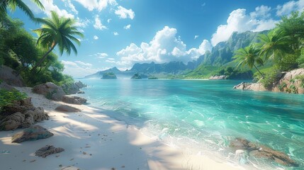 A tropical paradise with palm trees, crystal-clear waters. AI generate illustration