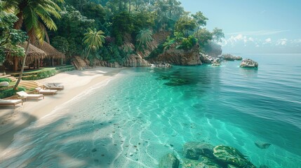 A tropical paradise with palm trees, crystal-clear waters. AI generate illustration