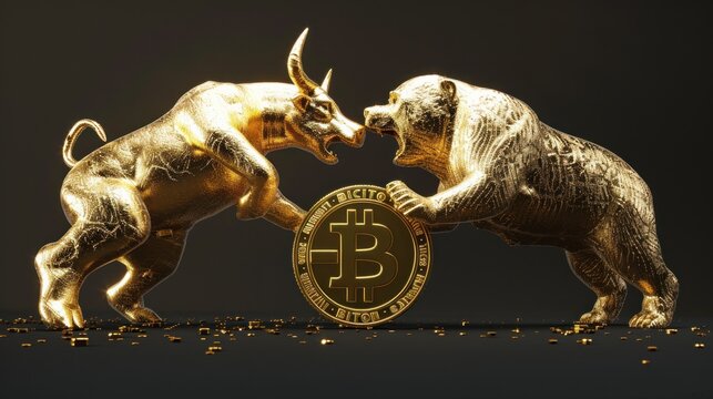 a golden bull and bear fighting around the bitcoin logo on black background, hyper realistic, octane render, unreal engine