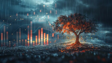A withered tree with a stormy sky and a downward financial graph in the background, symbolizing economic recession, highresolution, detailed and bleak, sharp and professional stock