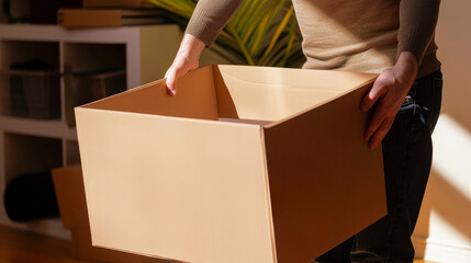 A person holding an empty cardboard box, ready to put it away in their home or office for future use