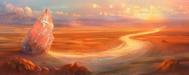 A winding path through a desert, halfway marked by an ancient energy crystal, fantasy, warm tones, mixed media