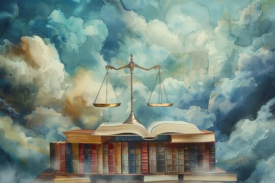 A virtual legal library with cloudbased resources, realistic, watercolor, soft hues