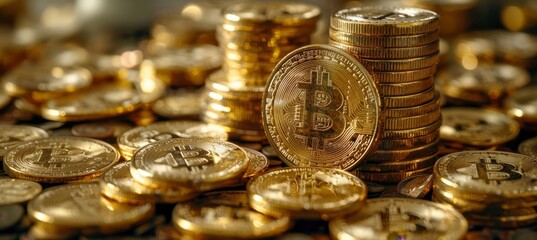 Stacks of Golden Bitcoin Cryptocurrency Coins.