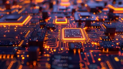 Obraz premium Abstract close up of a circuit board with blurred lights